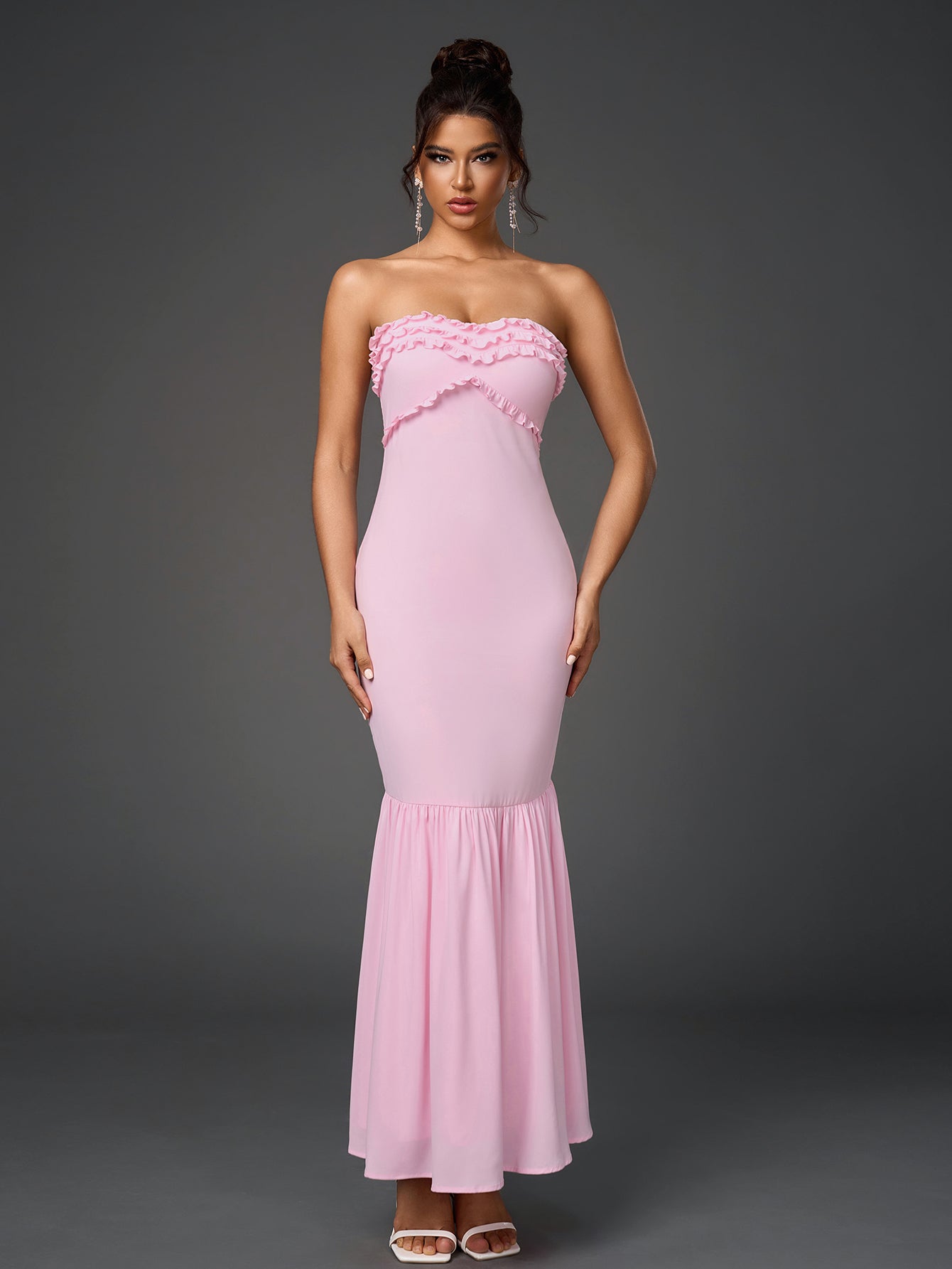 Backless Ruffle Trim Ruched Bodycon Tube Dress