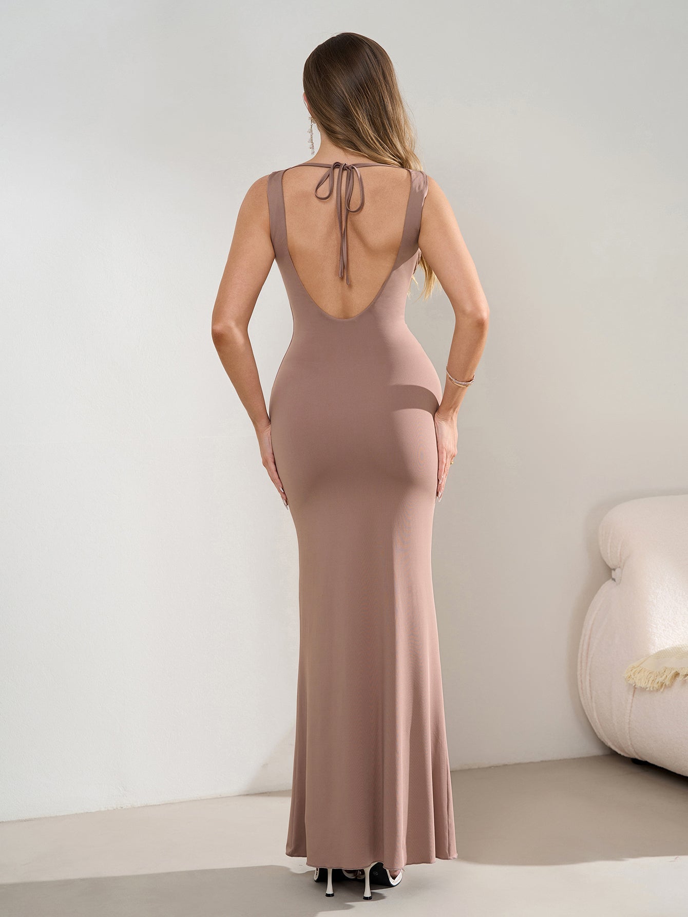 Deep V-Neck Ruched Waist Tie Backless Bodycon Dress