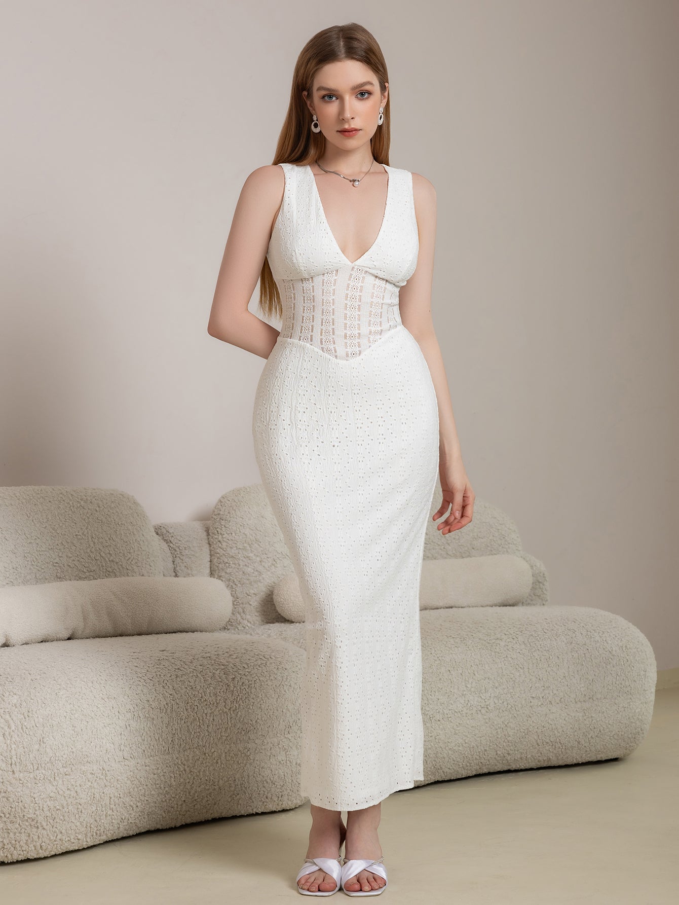Deep V-Neck Split Thigh Jacquard Lace Dress