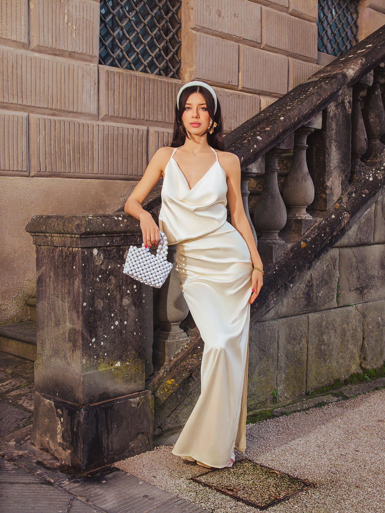Draped Split Thigh Satin Backless Maxi Dress