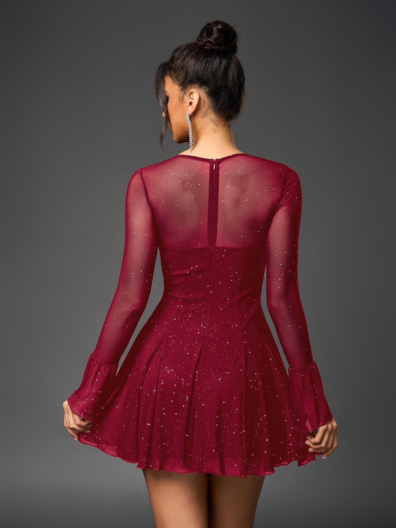 Flounce Sleeve Tie Front Glitter Mesh Flared Dress