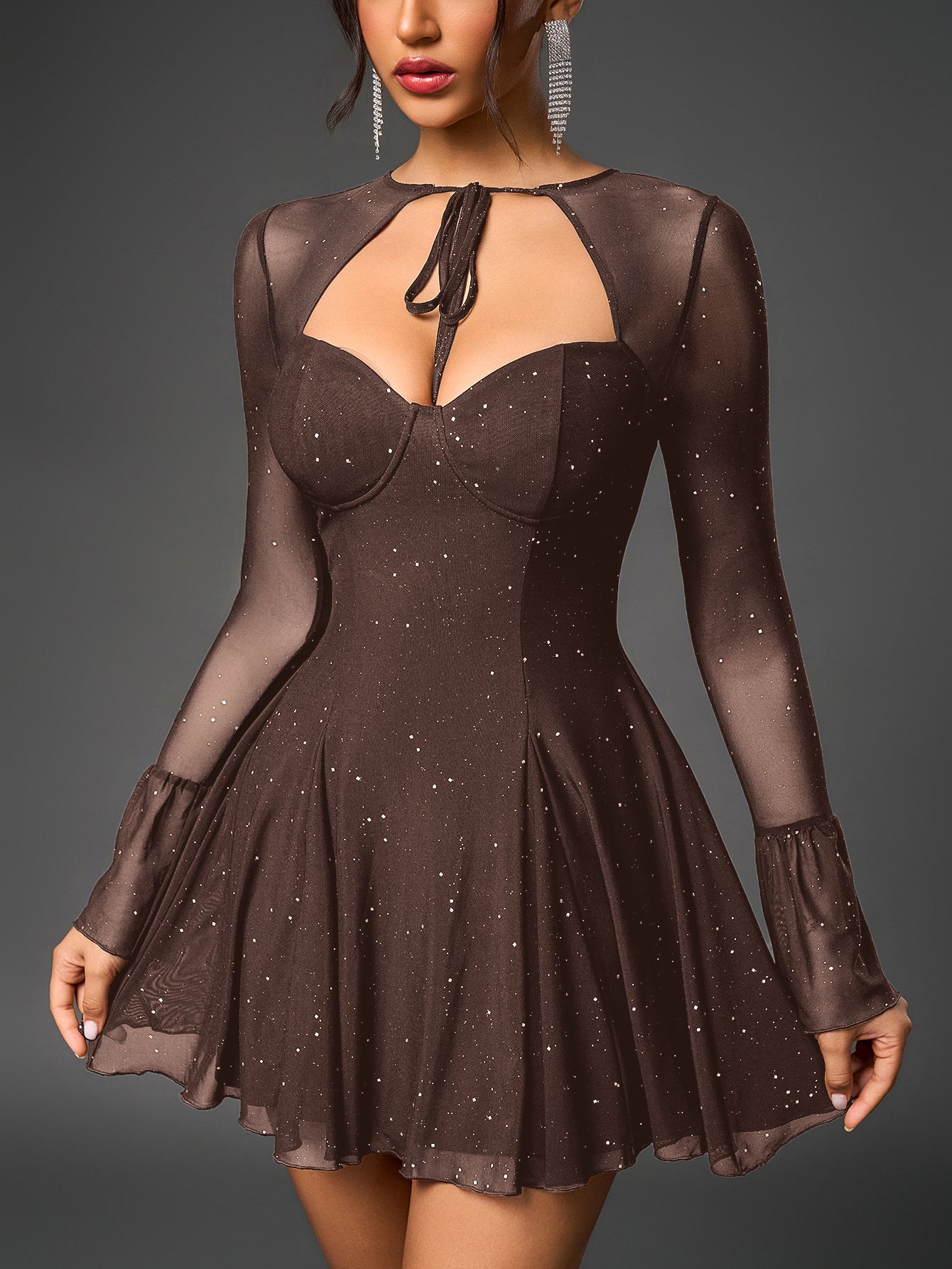 Flounce Sleeve Tie Front Glitter Mesh Flared Dress