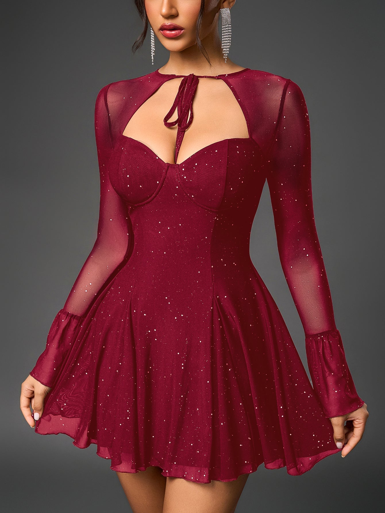 Flounce Sleeve Tie Front Glitter Mesh Flared Dress
