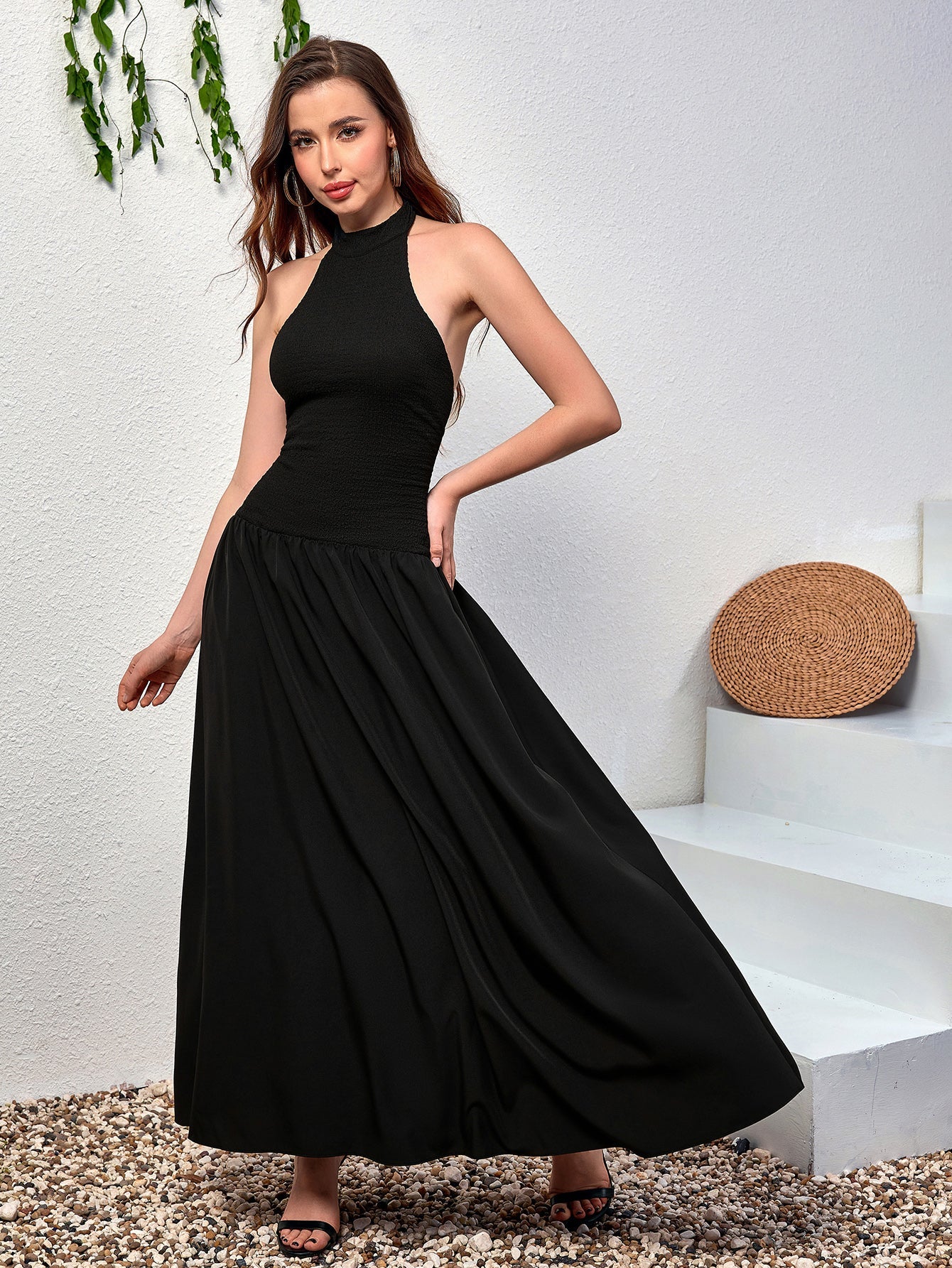 Halter Backless Flared Hem Long Dress