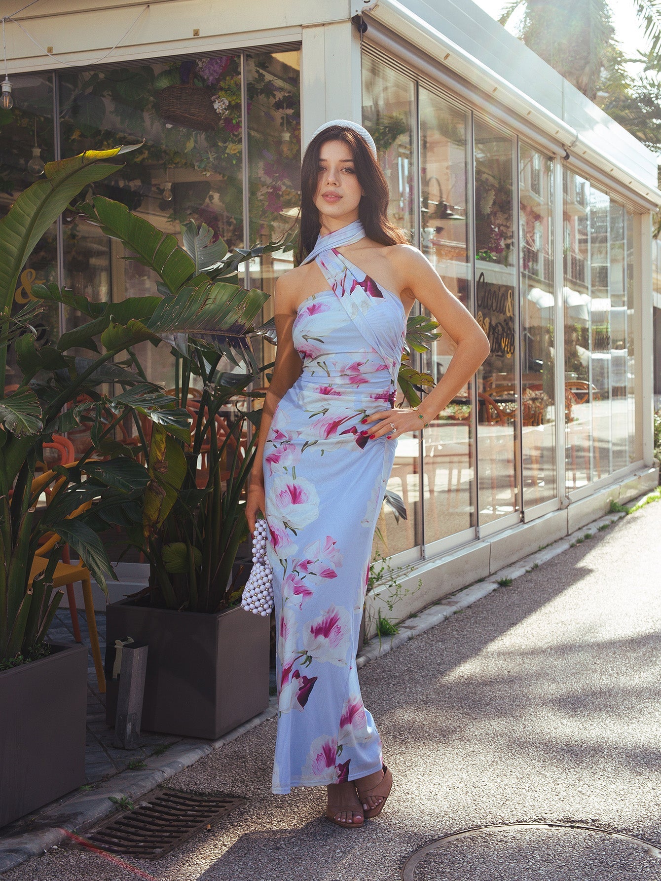 Halter Neck Ribbon Mesh Floral Print Tube Dress