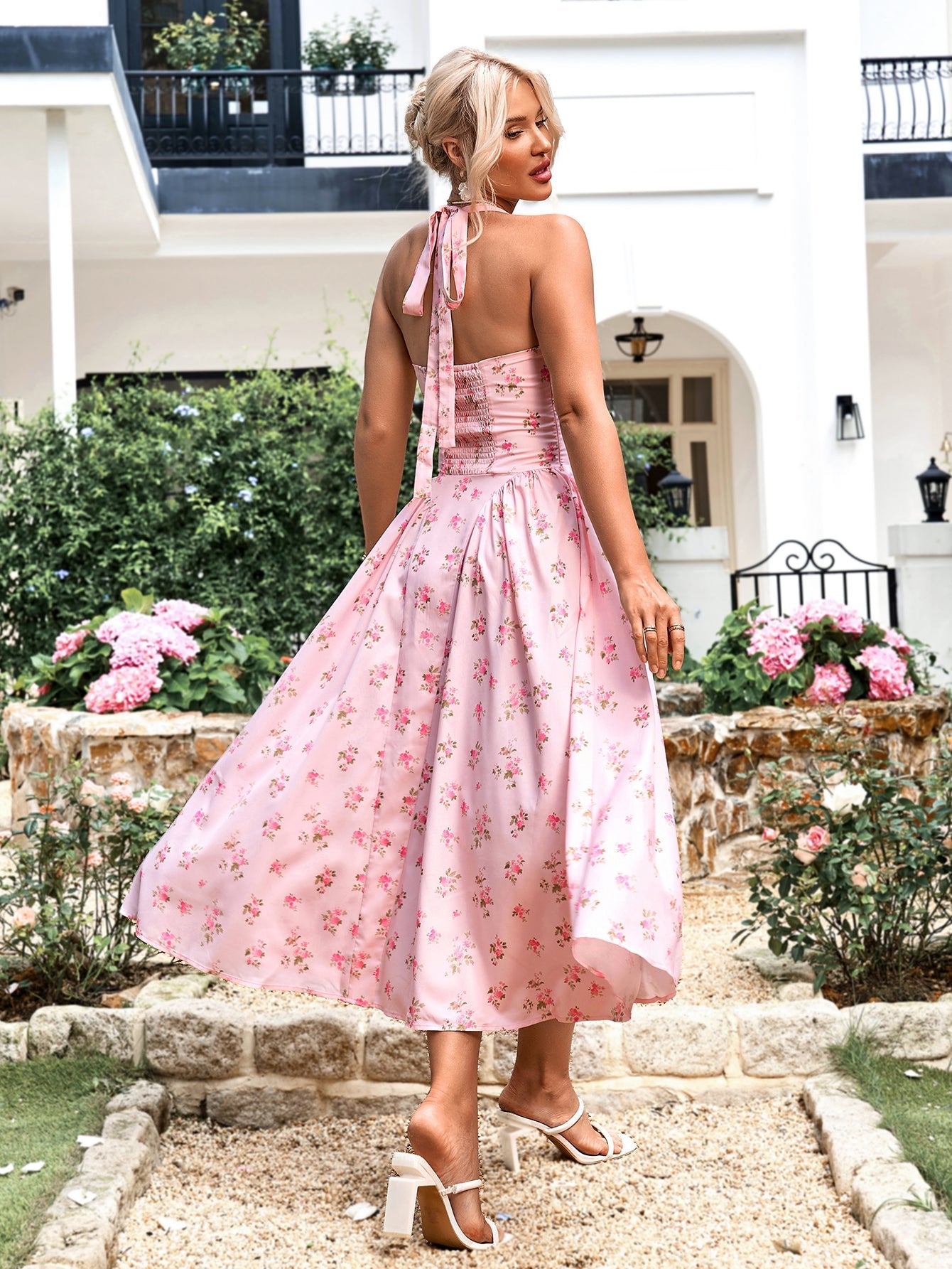 Halter Tie Smocking Floral Print Bodycon Dress