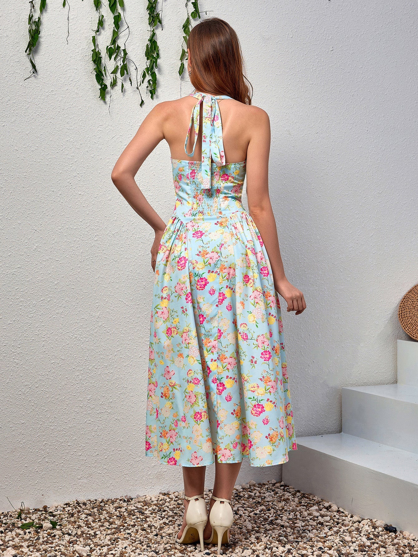 Halter Tie Smocking Floral Print Bodycon Dress