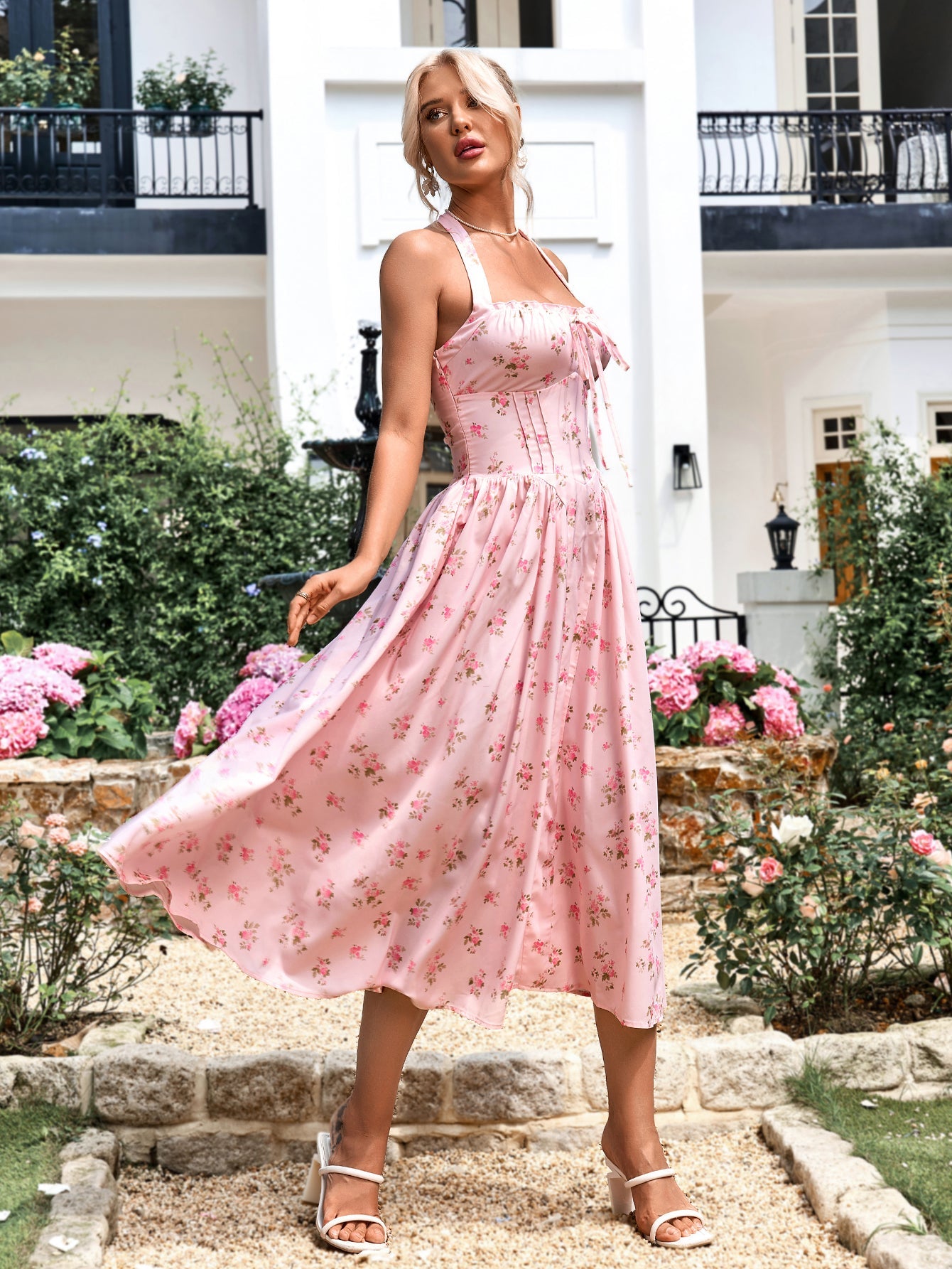 Halter Tie Smocking Floral Print Bodycon Dress