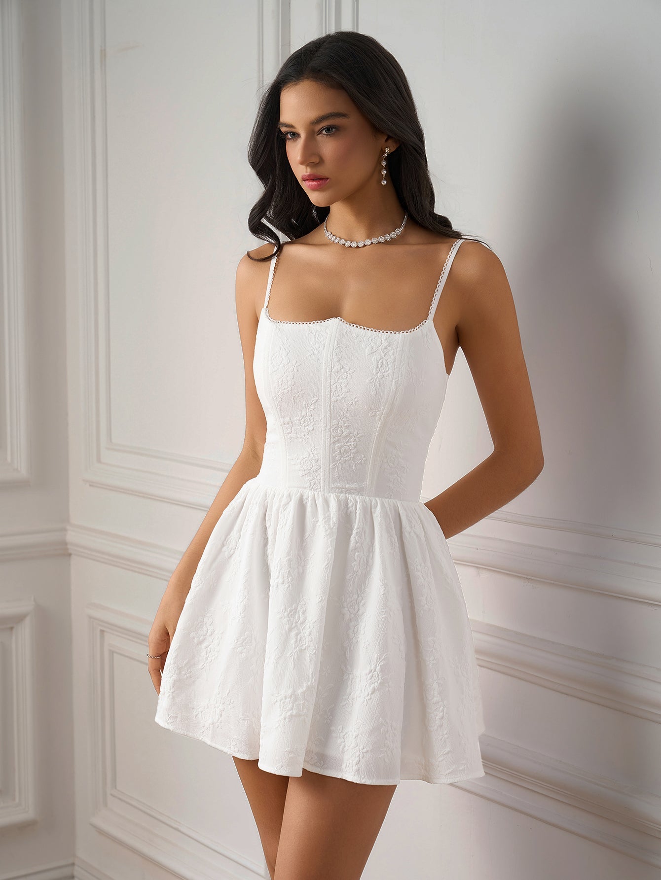 Jacquard Ruched Back Flared Hem Cami Dress