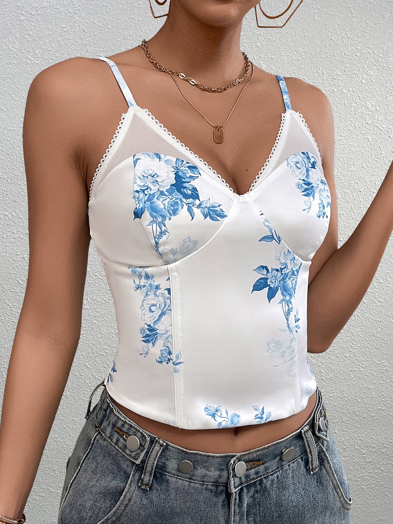 Mesh Patchwork Floral Print Boning Cami Top