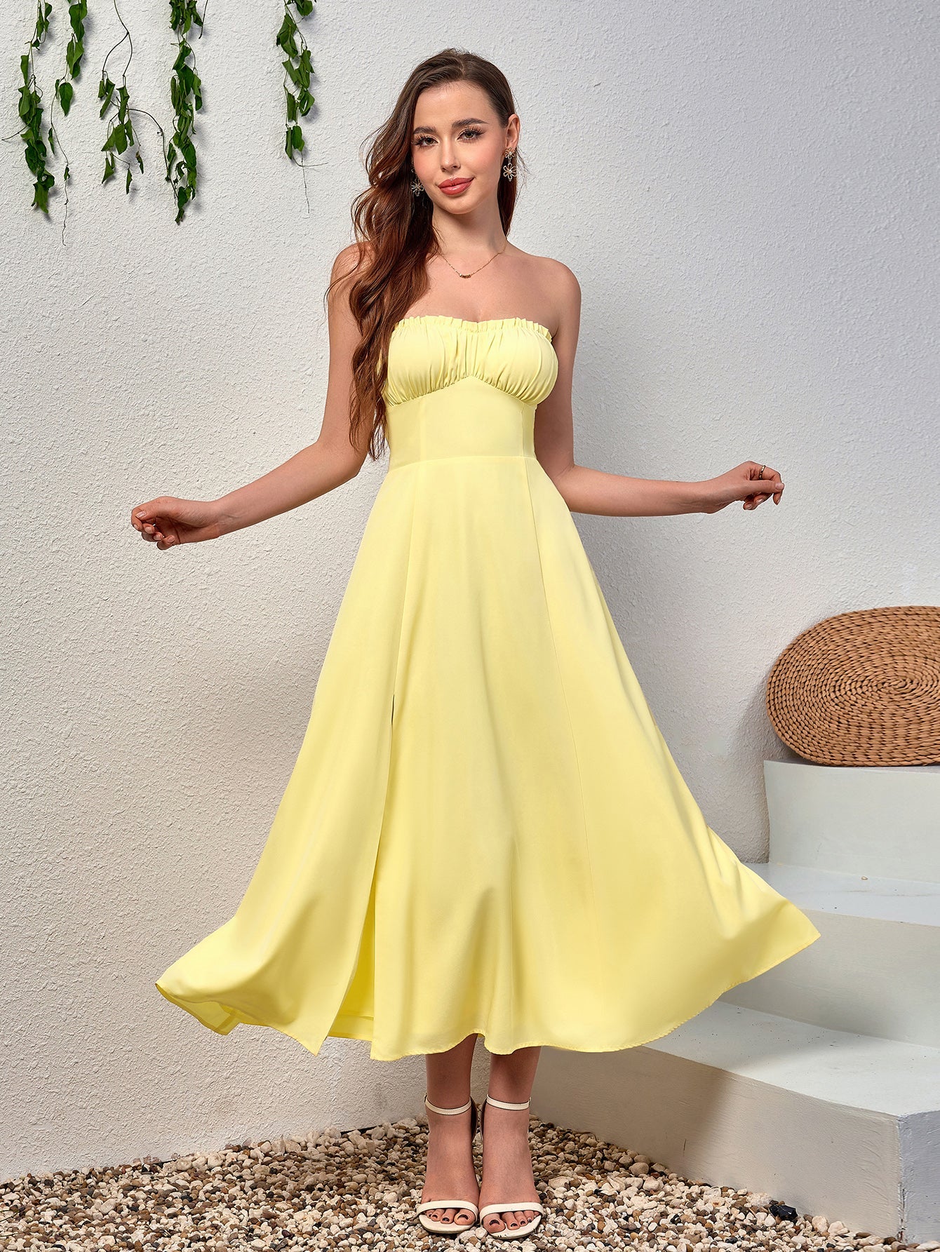 Ruched Bust Split Thigh Maxi Tube Dress