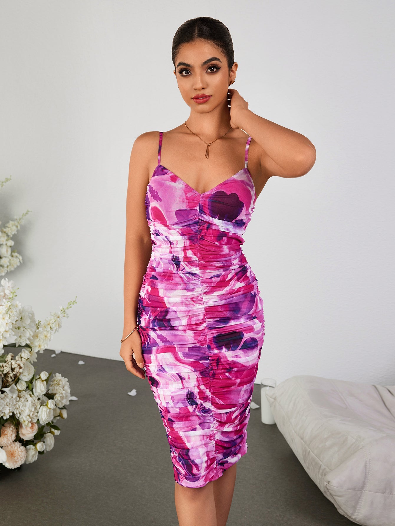 Ruched Floral Print Backless Bodycon Cami Dress