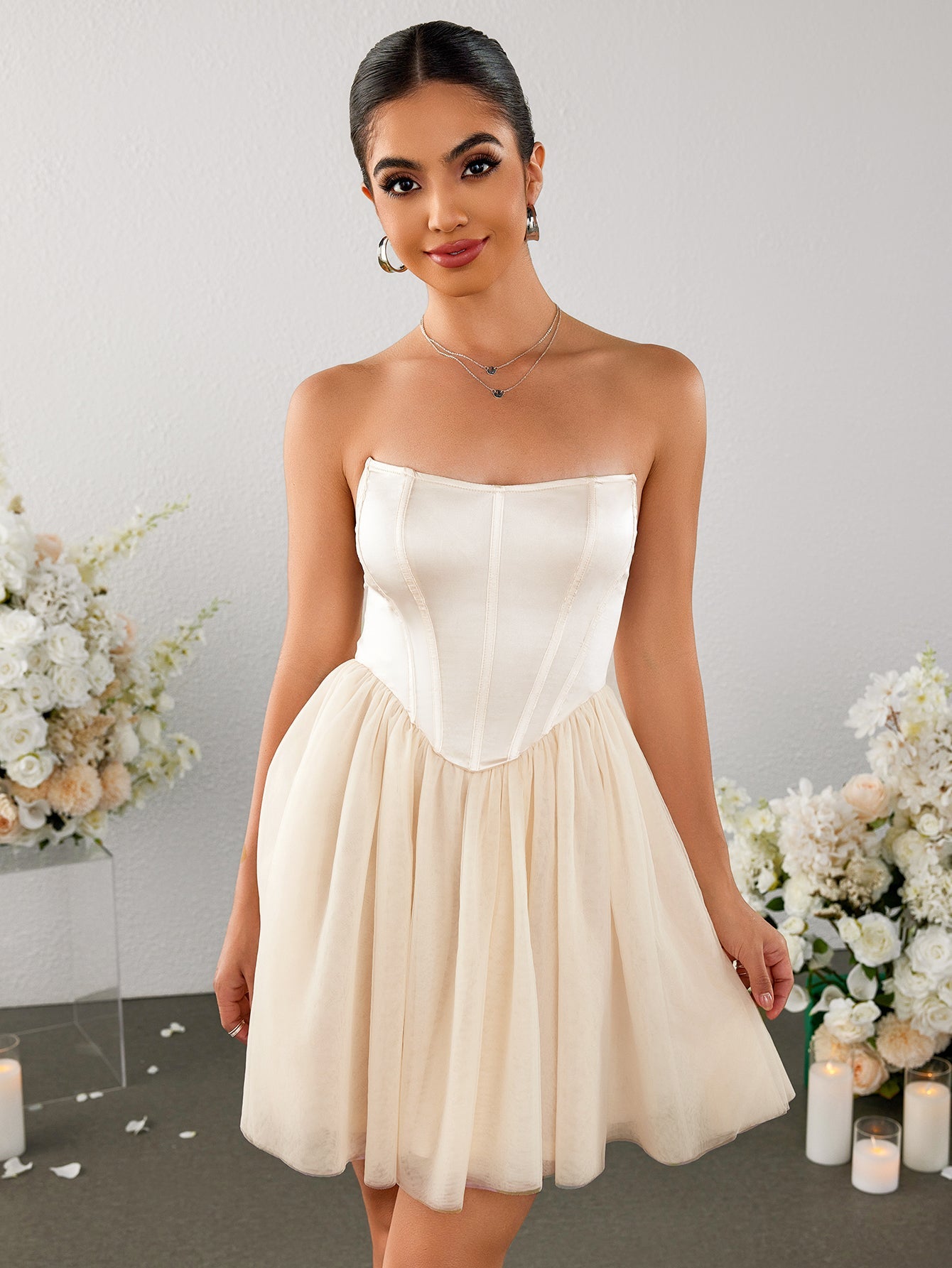 Satin Patchwork Mesh Backless Tube Dress