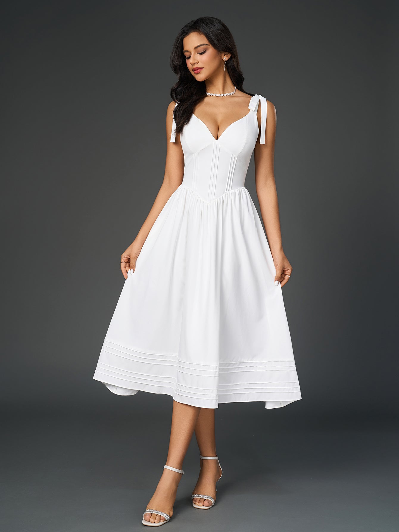 Tie Shoulder V-Neck Pleated Pocket Solid Dress