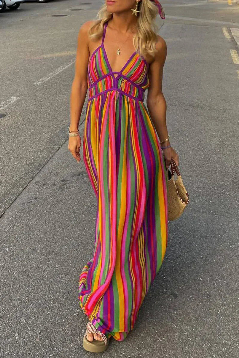 Camilla - Vestido con escote en pico y rayas en contraste para las fiestas