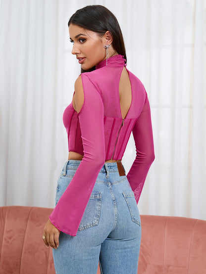 Boning Bell Sleeve Cut Out Mesh Corset Top