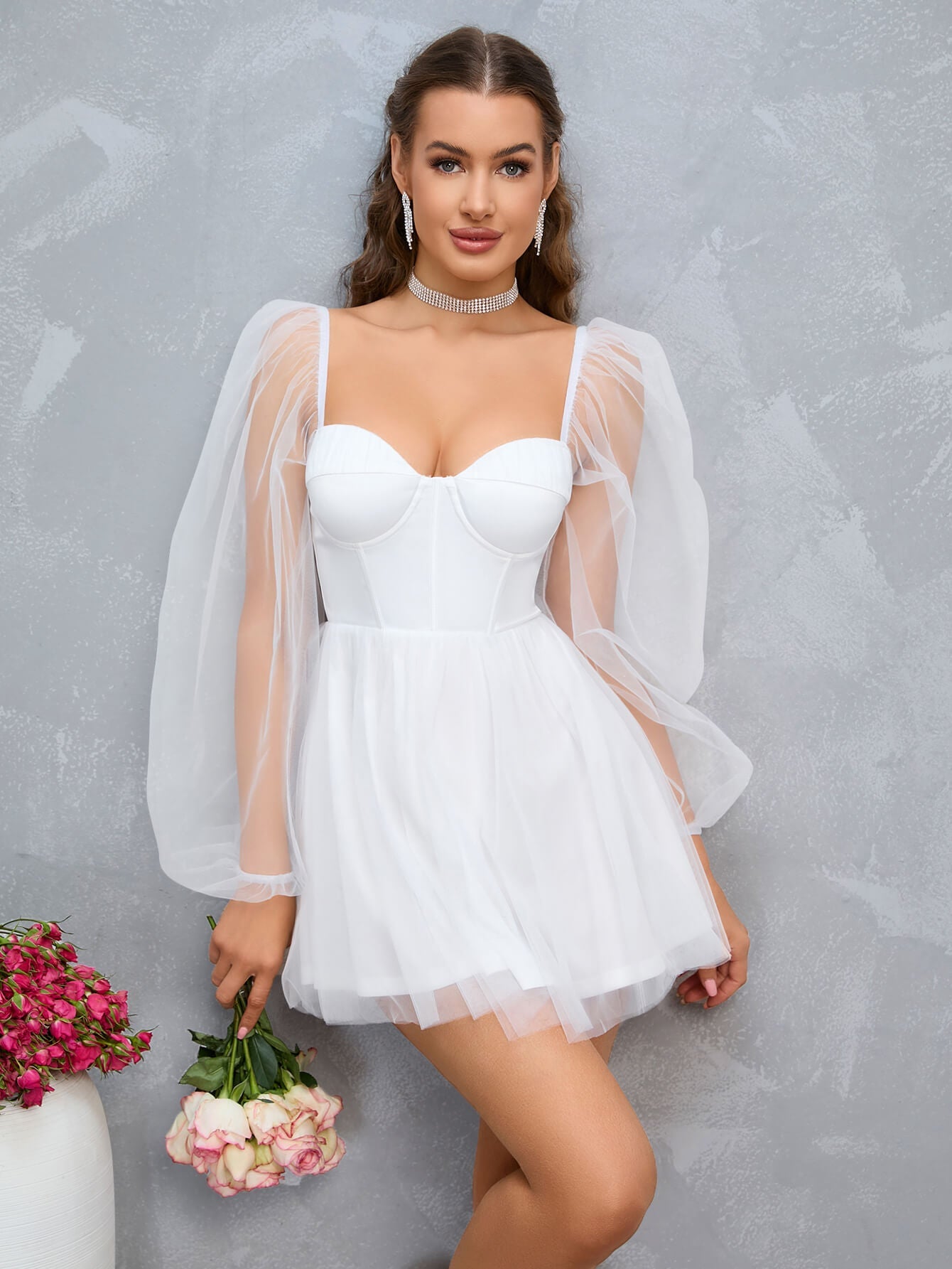 Sweetheart Neck Lantern Sleeve Mesh Overlay Bustier Dress