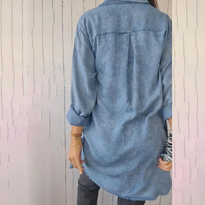 Emma - Camisa abrigo cómoda con solapa en imitación denim para mujer