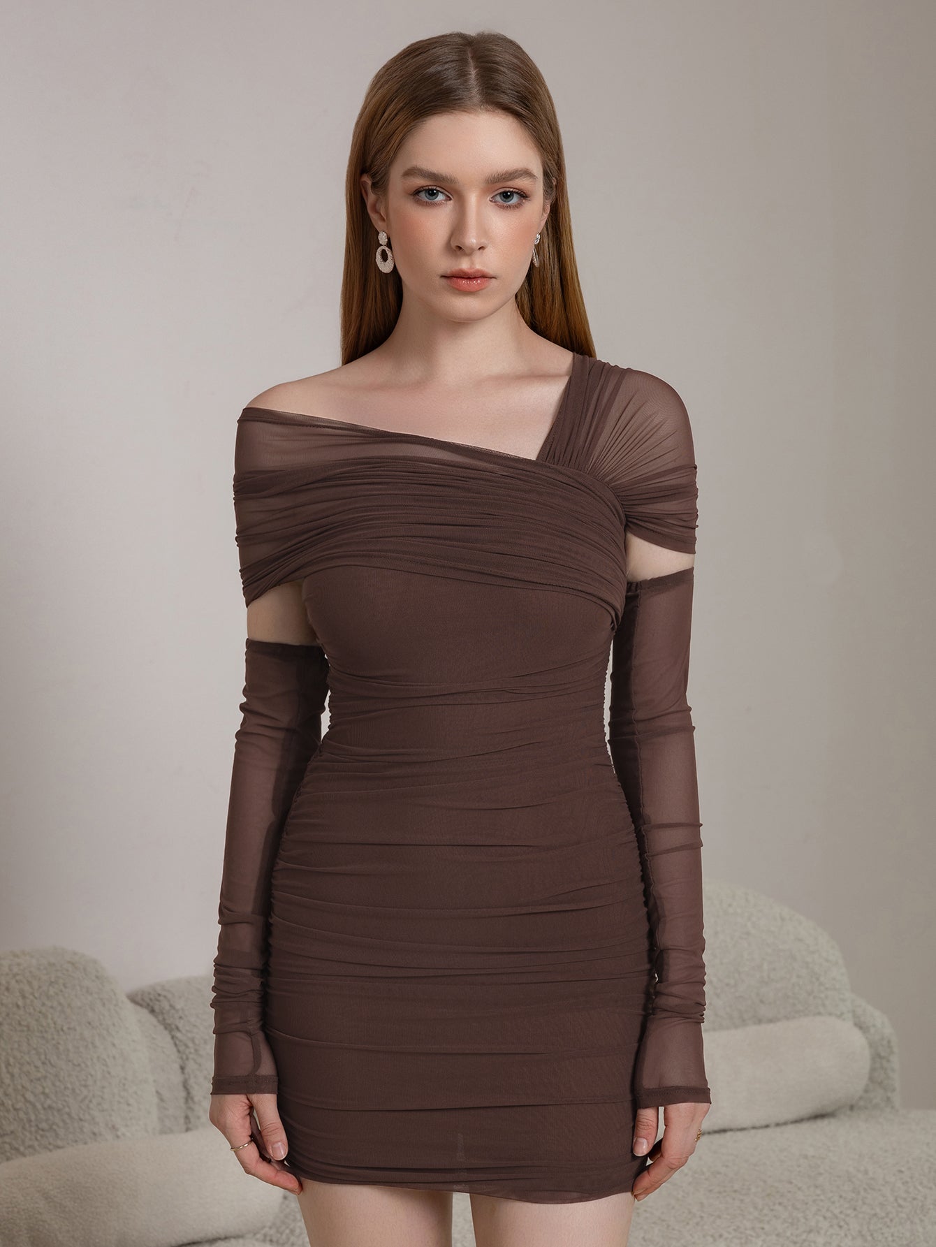 Asymmetrical Shoulder Ruched Mesh Bodycon Dress