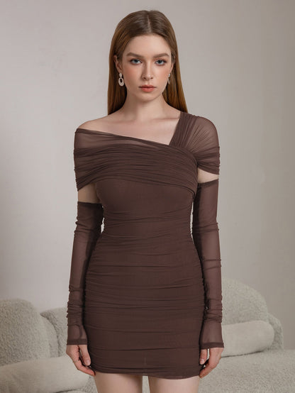 Asymmetrical Shoulder Ruched Mesh Bodycon Dress