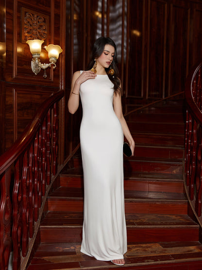 Backless Cut Out Crew Neck Long Dress