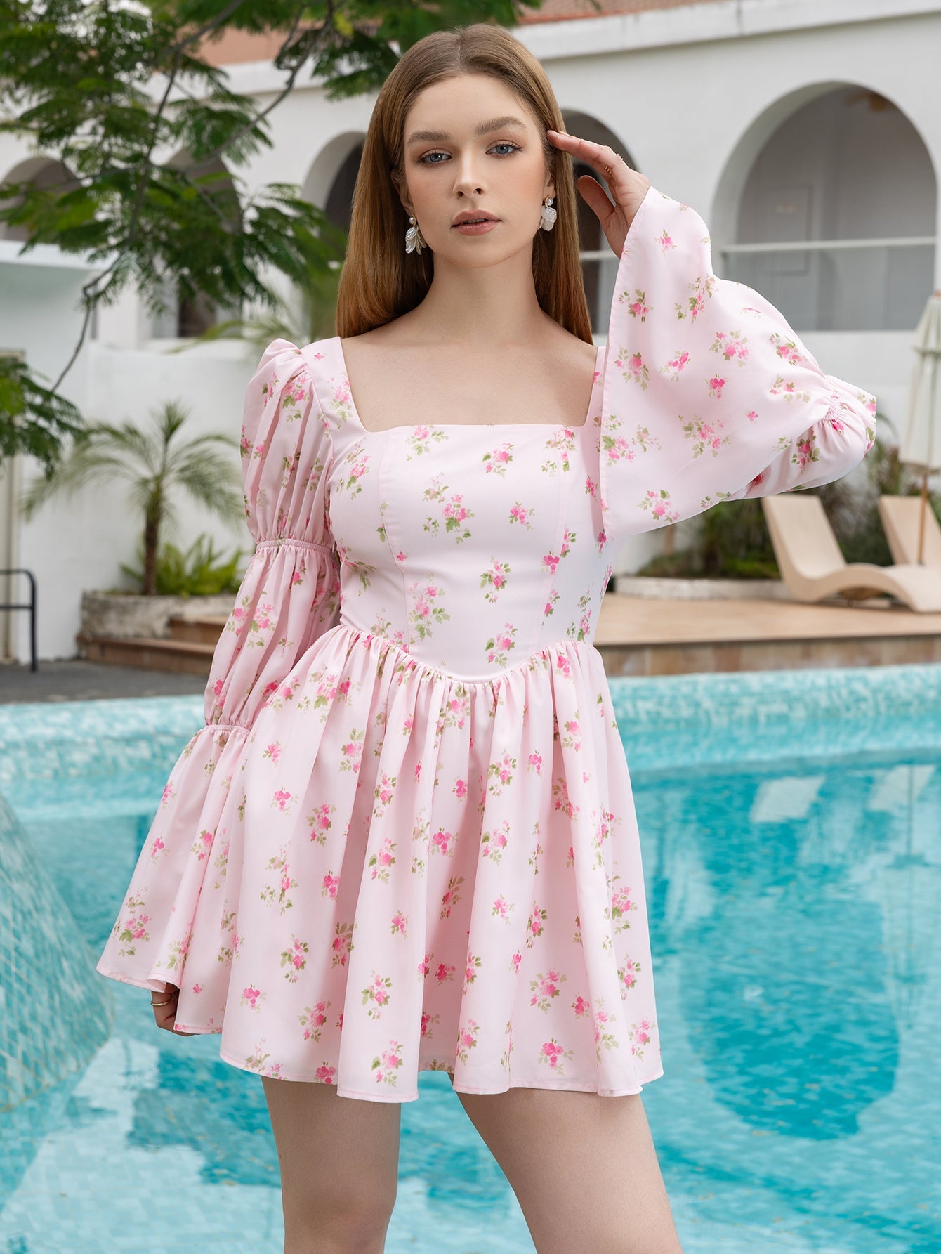 Bell Sleeve Ruched Floral Print Mini Dress