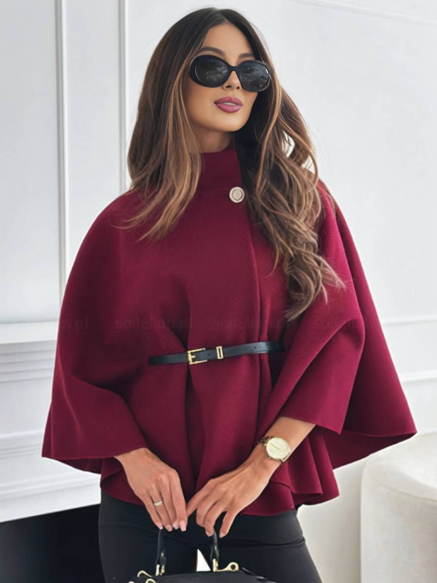 Abrigo corto tipo poncho para mujer con botones, cinturón y mangas de murciélago, elegante y casual