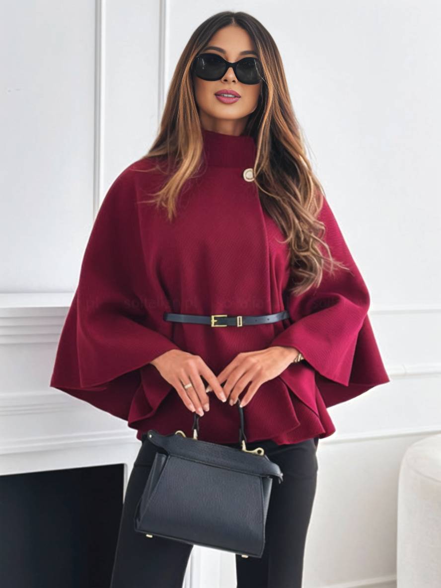 Abrigo corto tipo poncho para mujer con botones, cinturón y mangas de murciélago, elegante y casual