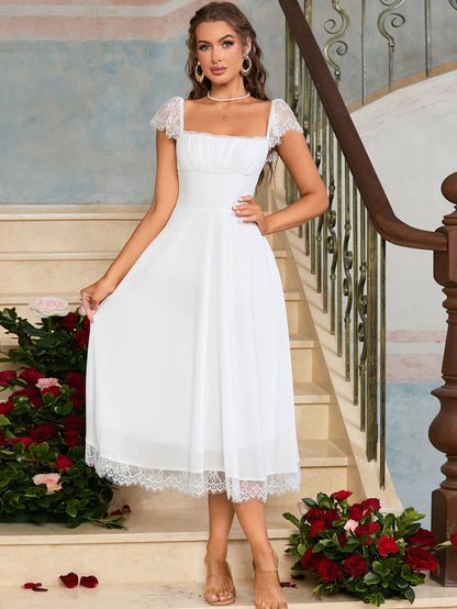 Contrast Lace Ruched Bust Square Neck Dress