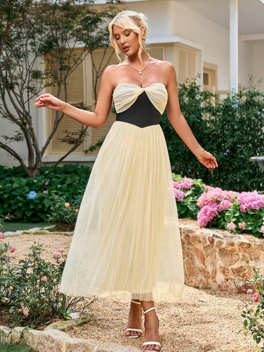 Contrast Ruched Bust Mesh Midi Tube Dress