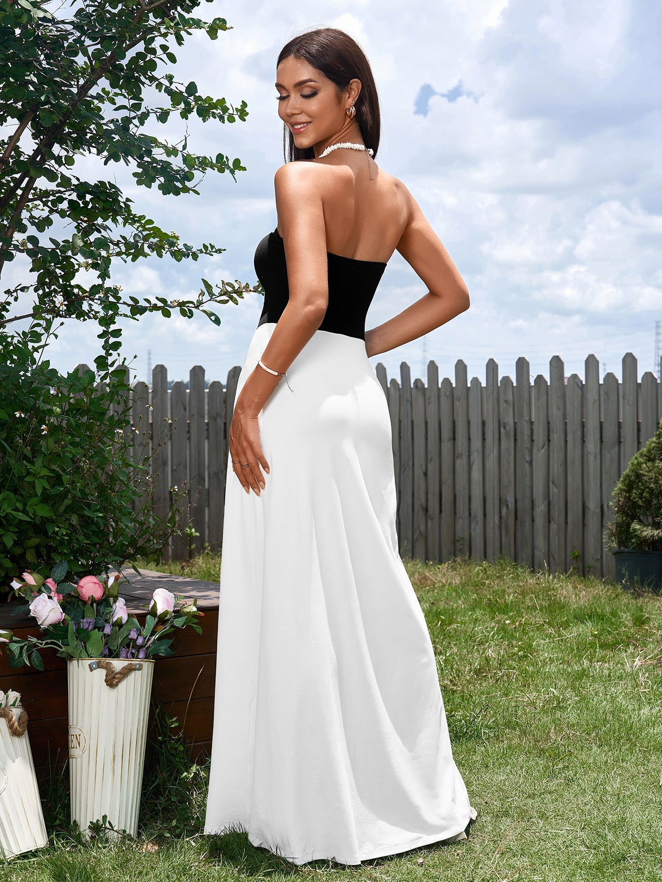 Contrast Ruched Waist Tube Maxi Dress