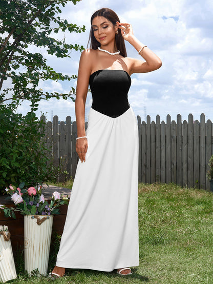 Contrast Ruched Waist Tube Maxi Dress