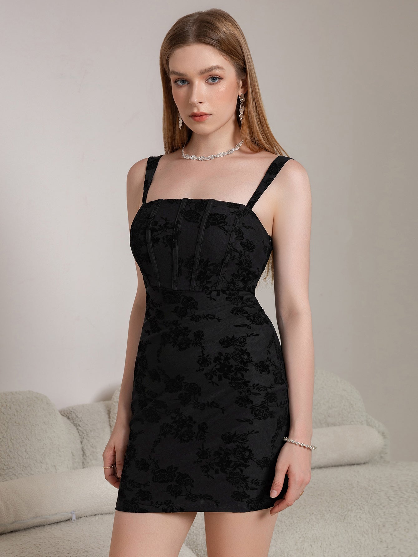Corset Flocked Print Bodycon Cami Dress