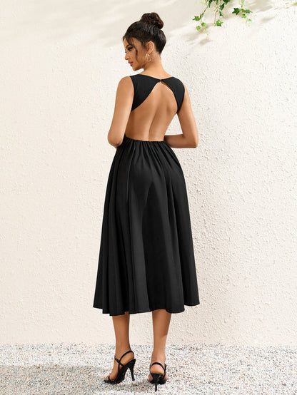 Crew Neck Backless Cut Out Ruched Solid Dress