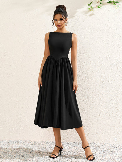 Crew Neck Backless Cut Out Ruched Solid Dress
