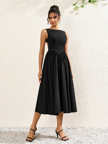 Crew Neck Backless Cut Out Ruched Solid Dress