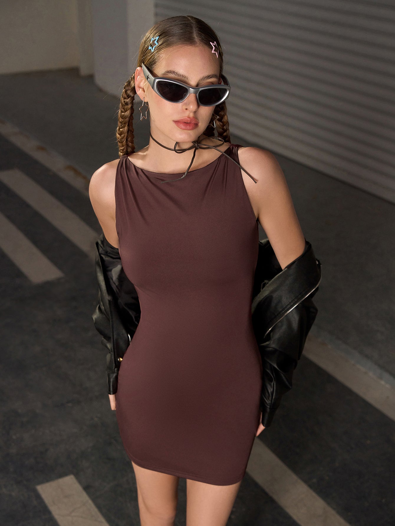 Crew Neck Ruched Bodycon Solid Dress