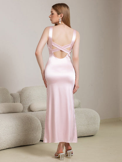 Crisscross Back Square Neck Satin Long Dress