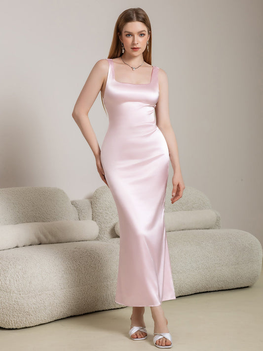 Crisscross Back Square Neck Satin Long Dress
