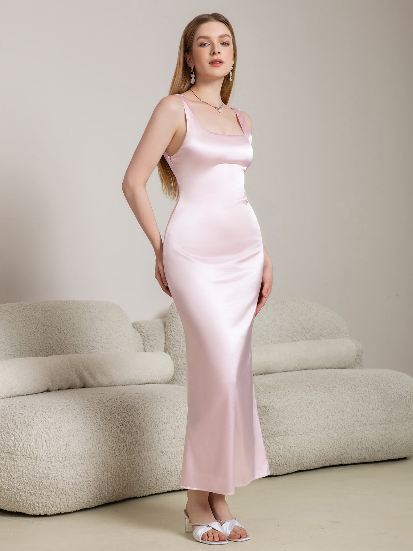 Crisscross Back Square Neck Satin Long Dress