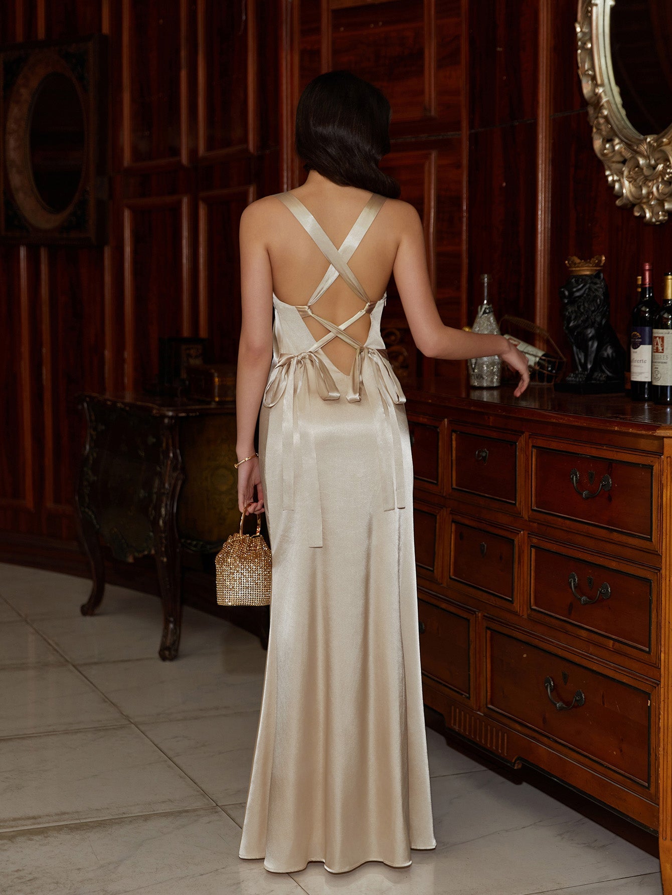 Crisscross Bow Tie Back Ruched Satin Maxi Dress