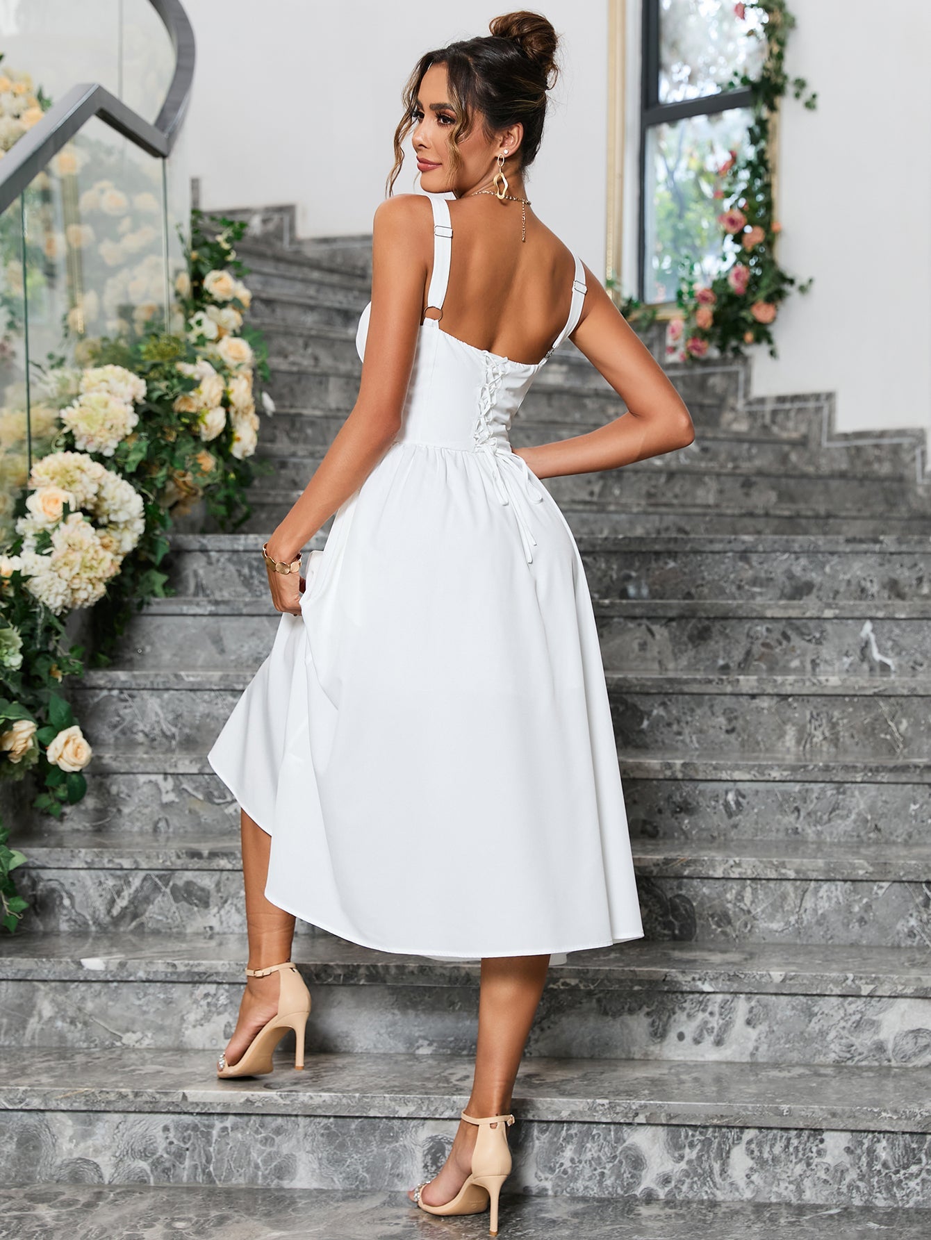 Crisscross Tie Back Button Pocket Solid Dress