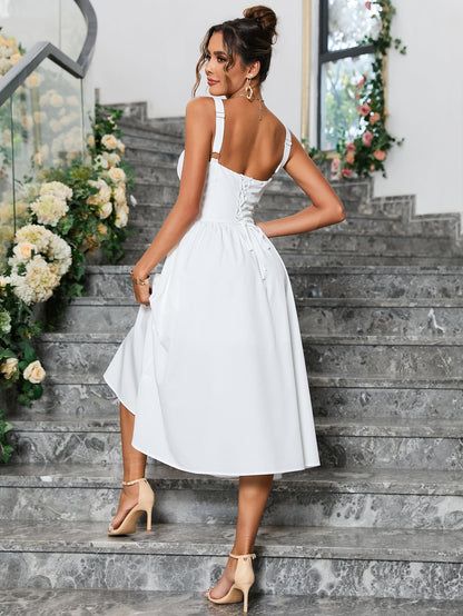 Crisscross Tie Back Button Pocket Solid Dress