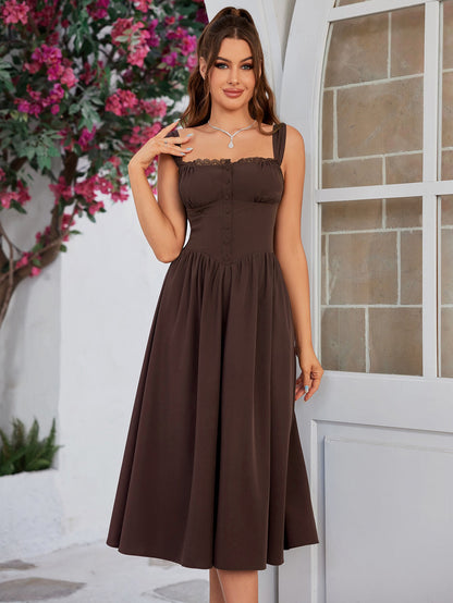Crisscross Tie Back Button Pocket Solid Dress