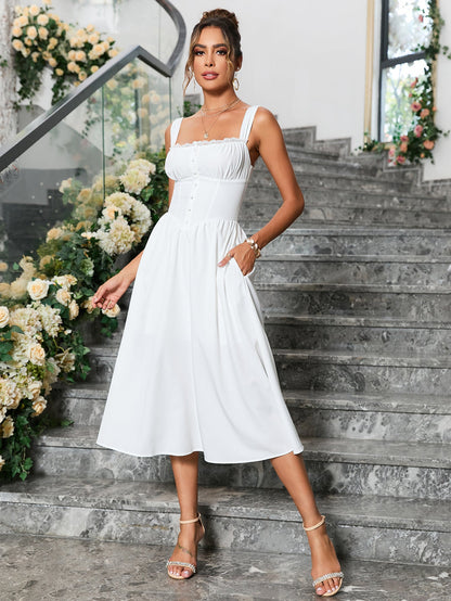 Crisscross Tie Back Button Pocket Solid Dress