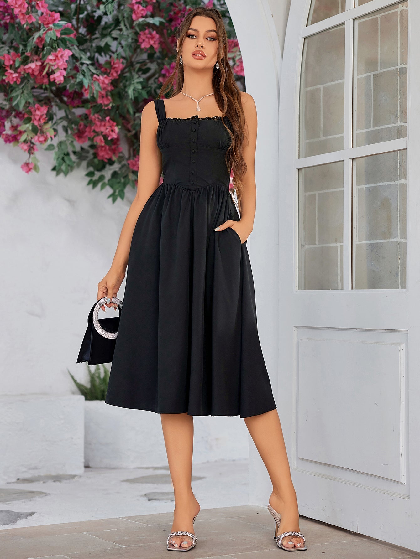 Crisscross Tie Back Button Pocket Solid Dress