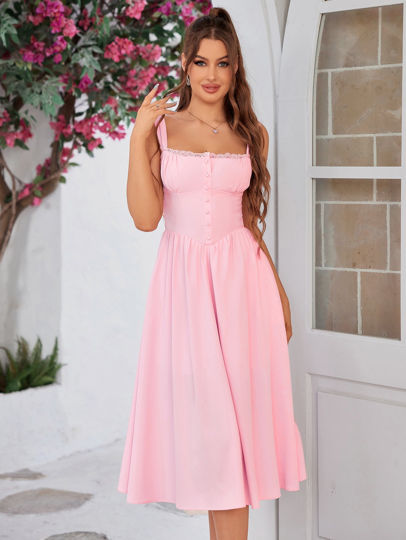 Crisscross Tie Back Button Pocket Solid Dress