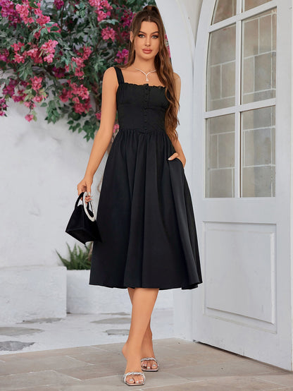 Crisscross Tie Back Button Pocket Solid Dress