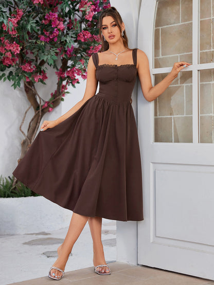 Crisscross Tie Back Button Pocket Solid Dress