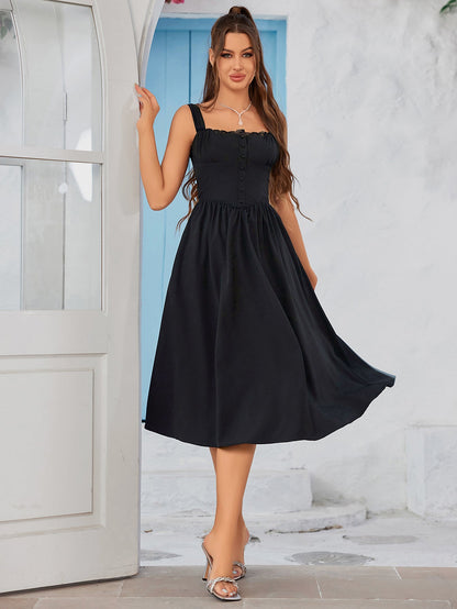 Crisscross Tie Back Button Pocket Solid Dress